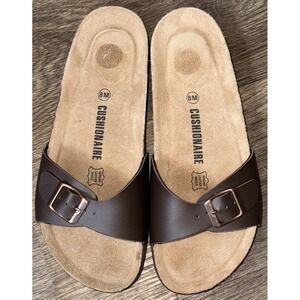 Cushionaire Luca Sandal Cork Footbed Leather Boho Buckle Brown Women's Sz 8